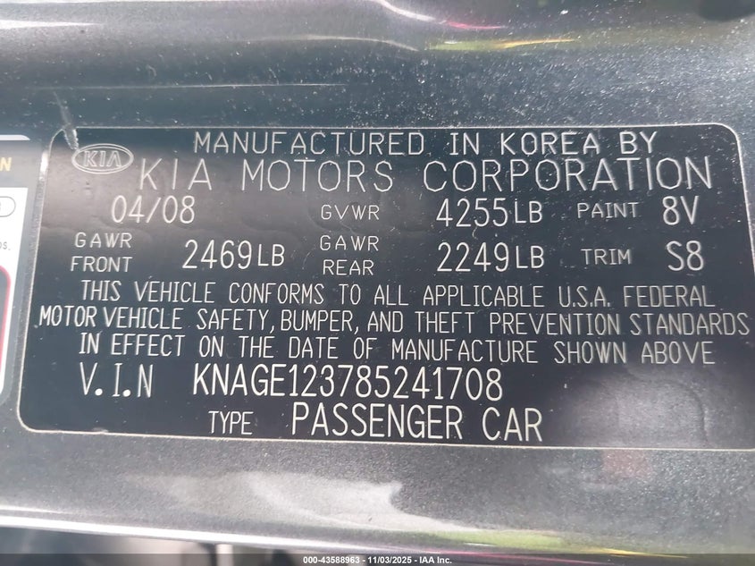 2008 Kia Optima Lx VIN: KNAGE123785241708 Lot: 43588963
