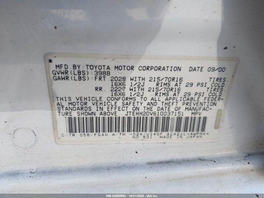 2001 Toyota Rav4 VIN: JTEHH20V610037151 Lot: 43588962