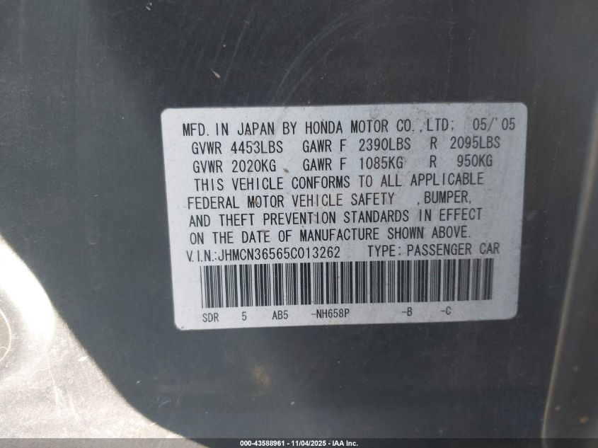 2005 Honda Accord Hybrid Ima VIN: JHMCN36565C013262 Lot: 43588961