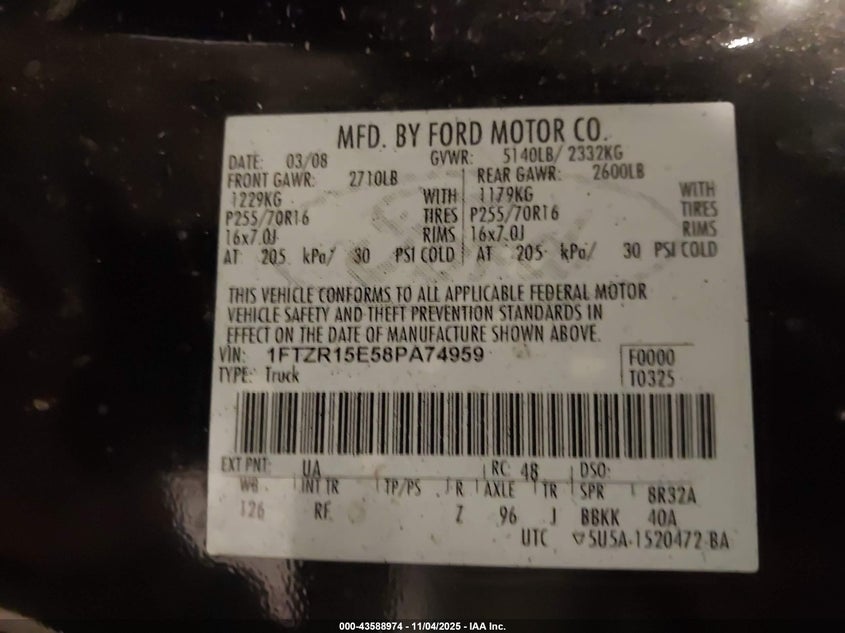 2008 Ford Ranger Fx4 Off-Road/Sport/Xl/Xlt VIN: 1FTZR15E58PA74959 Lot: 43588974