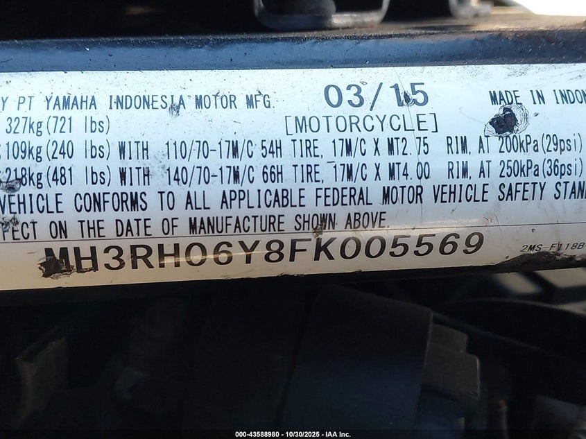 2015 Yamaha Yzfr3 VIN: MH3RH06Y8FK005569 Lot: 43588980