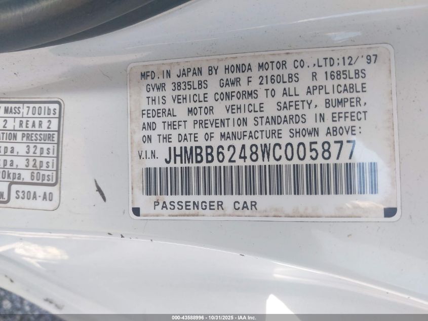 1998 Honda Prelude VIN: JHMBB6248WC005877 Lot: 43588996