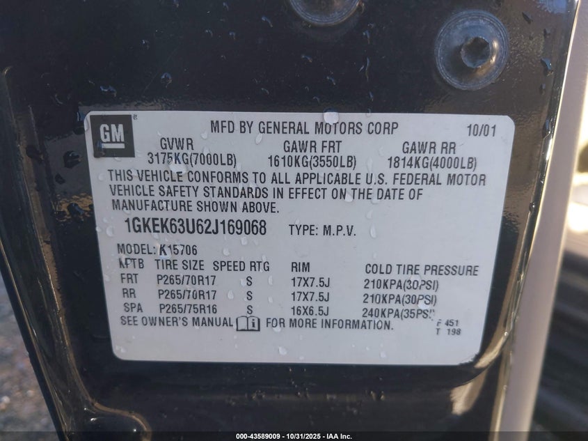 2002 GMC Yukon Denali VIN: 1GKEK63U62J169068 Lot: 43589009