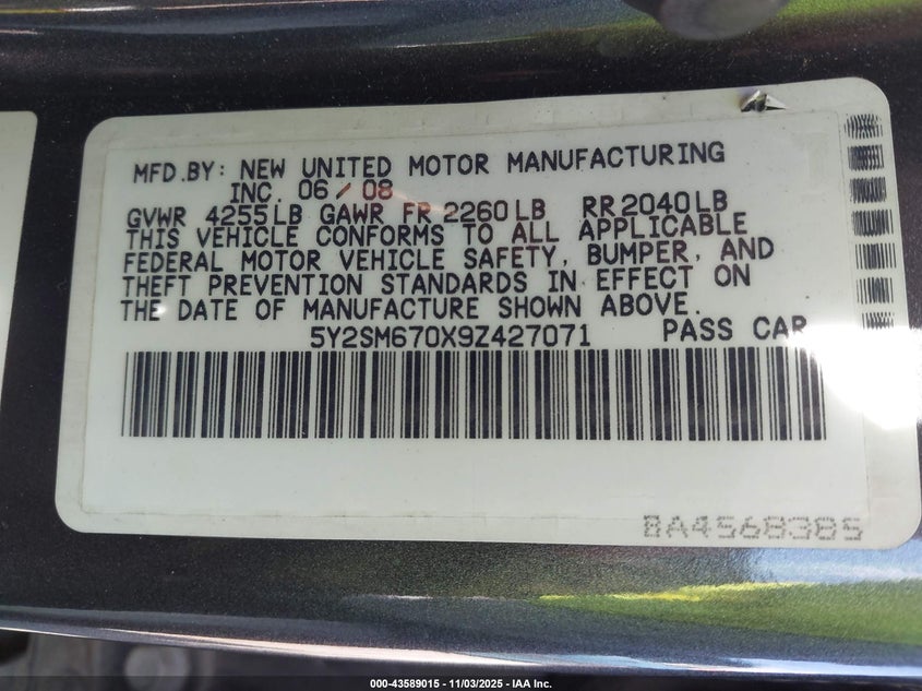 2009 Pontiac Vibe VIN: 5Y2SM670X9Z427071 Lot: 43589015