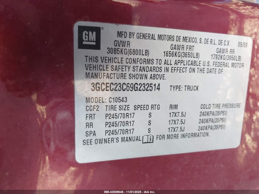 2009 Chevrolet Silverado 1500 Lt VIN: 3GCEC23C69G232514 Lot: 43589048