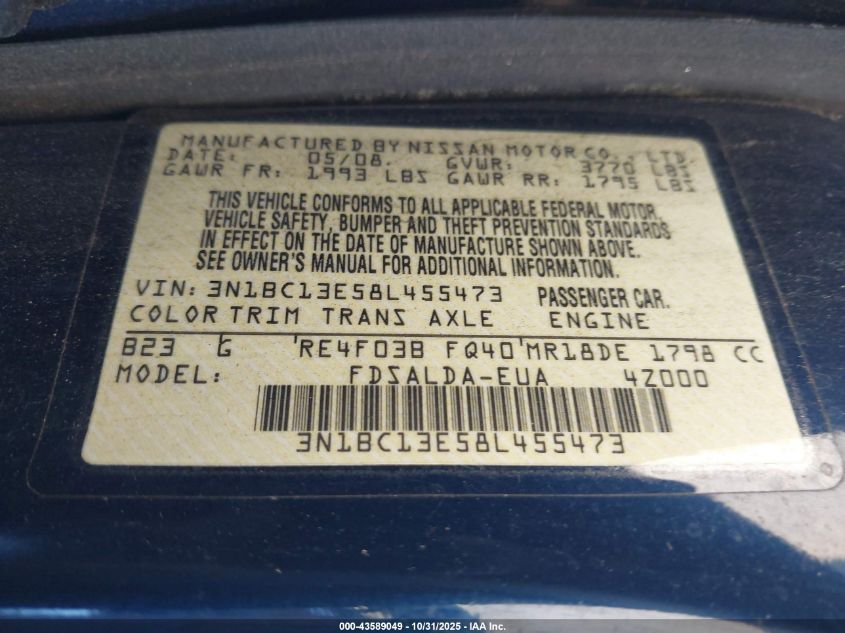 2008 Nissan Versa 1.8S VIN: 3N1BC13E58L455473 Lot: 43589049