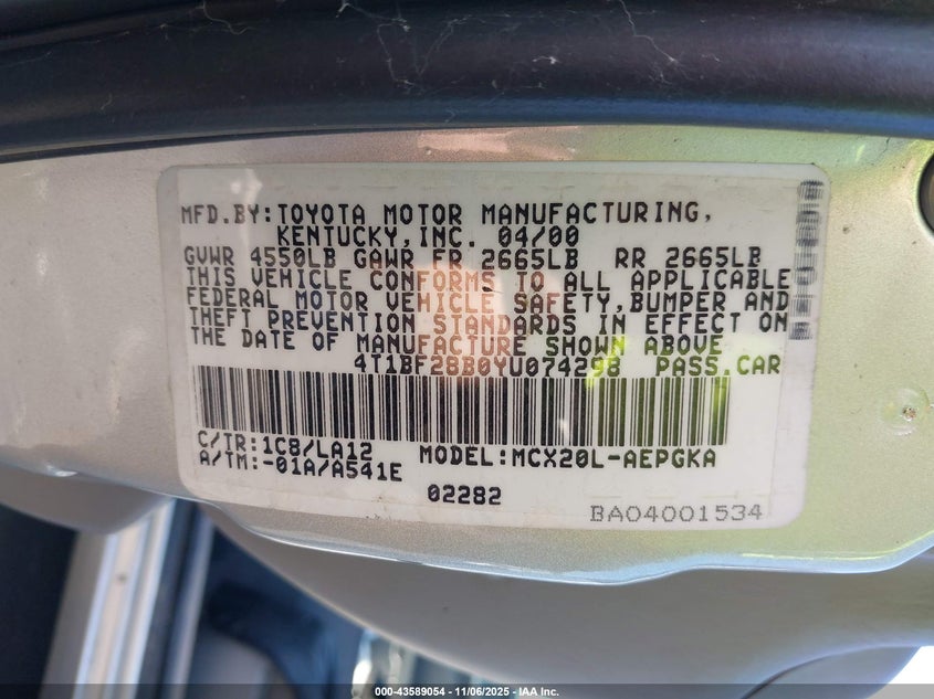 2000 Toyota Avalon Xls VIN: 4T1BF28B0YU074298 Lot: 43589054