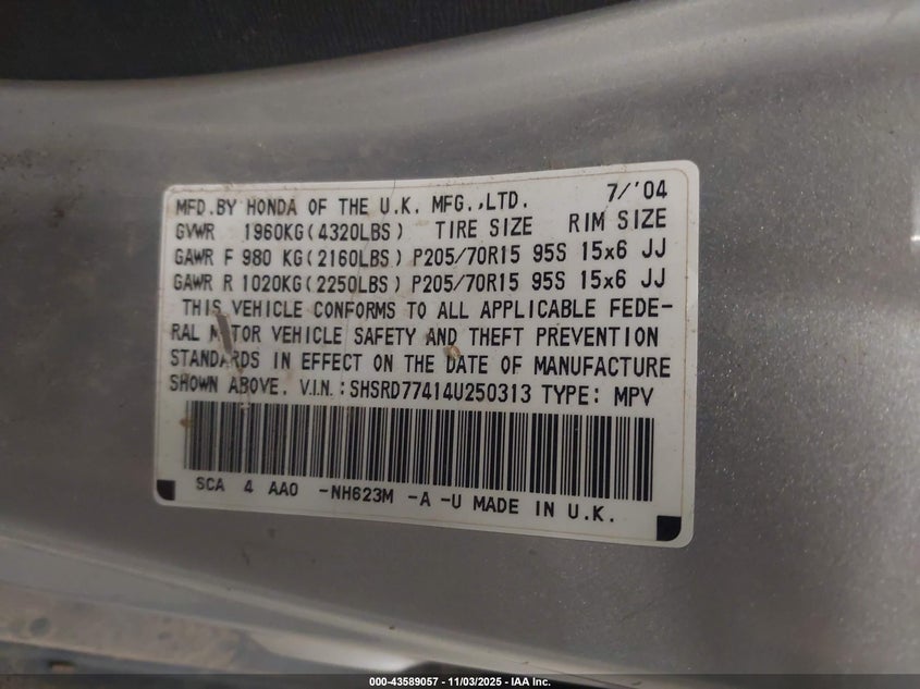 2004 Honda Cr-V Lx VIN: SHSRD77414U250313 Lot: 43589057
