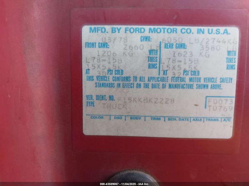 1978 Ford F-150 VIN: F15KKBK2228 Lot: 43589067