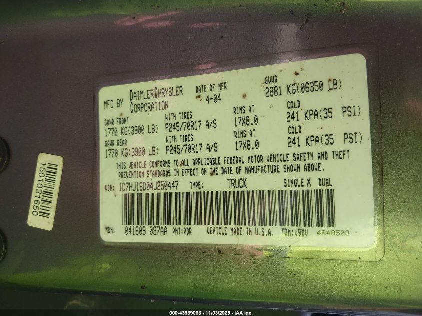 2004 Dodge Ram 1500 Slt/Laramie VIN: 1D7HU16D04J250447 Lot: 43589068