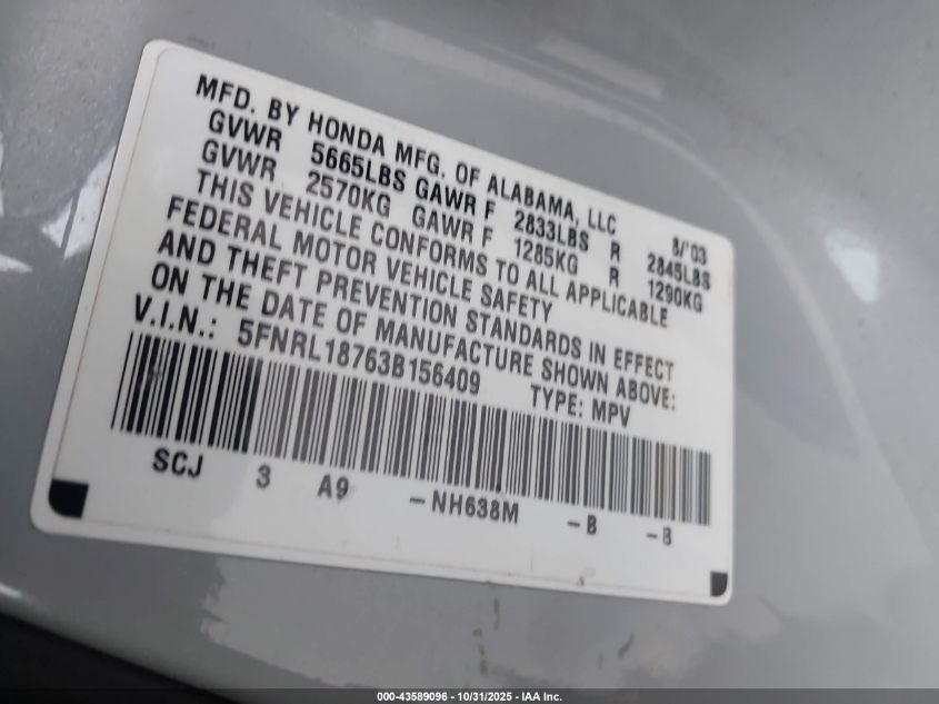 2003 Honda Odyssey Ex-L VIN: 5FNRL18763B156409 Lot: 43589096