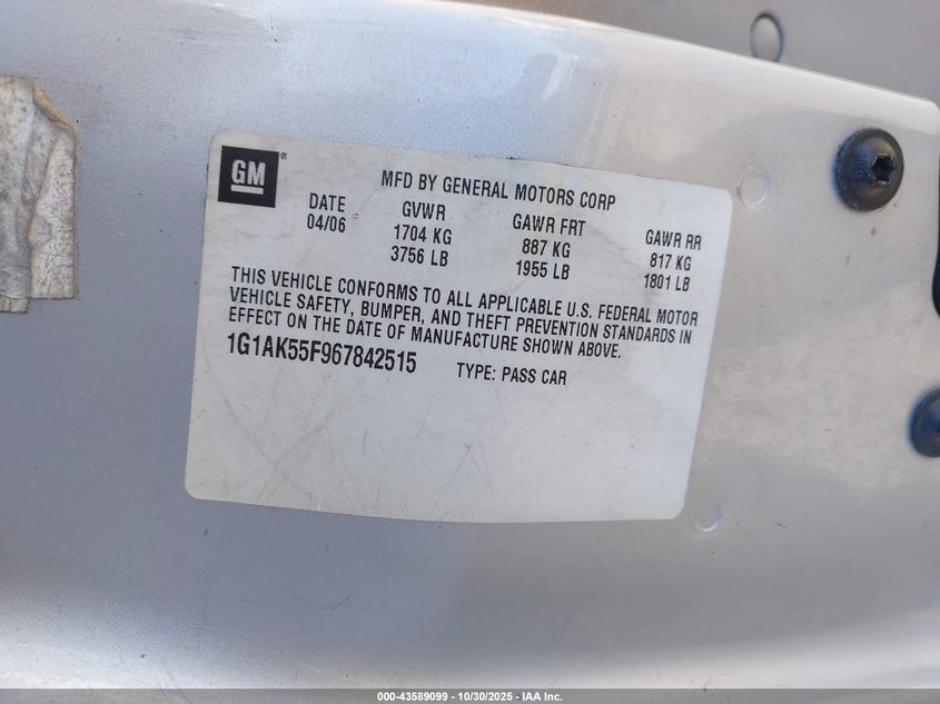 2006 Chevrolet Cobalt Ls VIN: 1G1AK55F967842515 Lot: 43589099