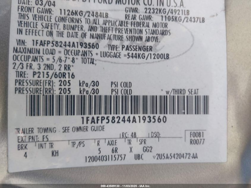 2004 Ford Taurus Se VIN: 1FAFP58244A193560 Lot: 43589130