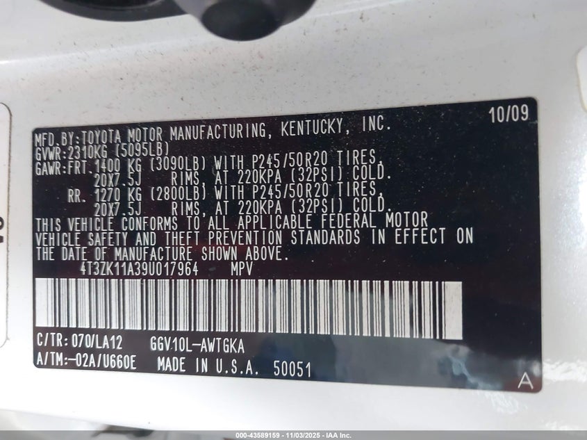 4T3ZK11A39U017964 2009 TOYOTA VENZA photo no. 9