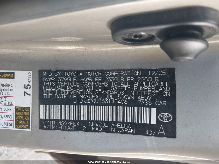 2006 Toyota Prius VIN: JTDKB20U463145406 Lot: 43589162