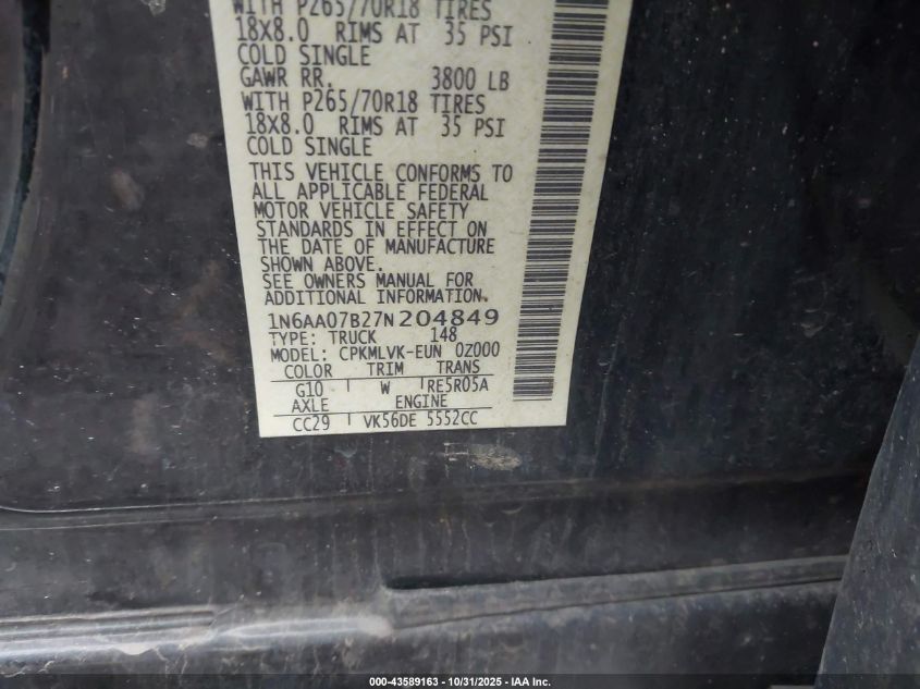 2007 Nissan Titan Le VIN: 1N6AA07B27N204849 Lot: 43589163
