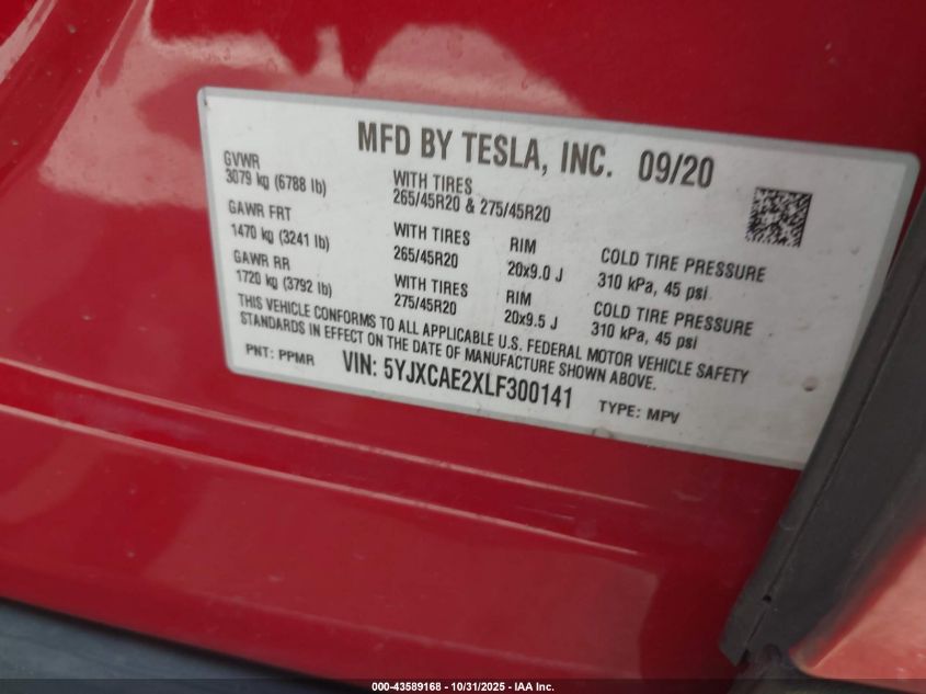 2020 Tesla Model X VIN: 5YJXCAE2XLF300141 Lot: 43589168