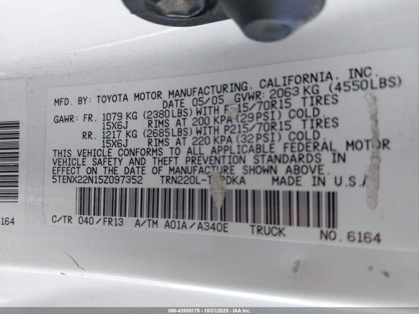 2005 Toyota Tacoma VIN: 5TENX22N15Z097352 Lot: 43589176