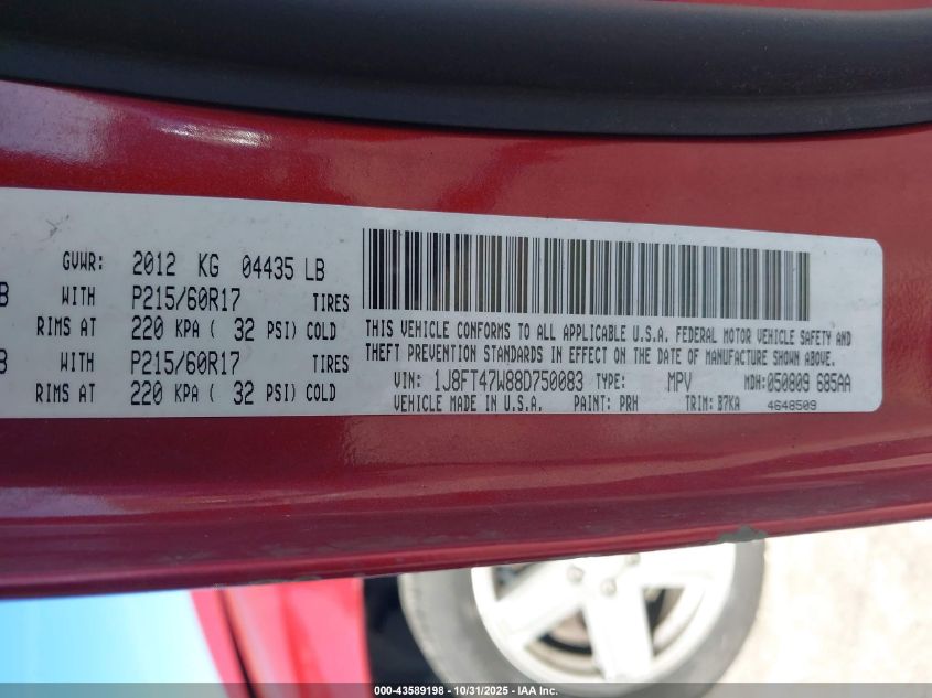 2008 Jeep Compass Sport VIN: 1J8FT47W88D750083 Lot: 43589198