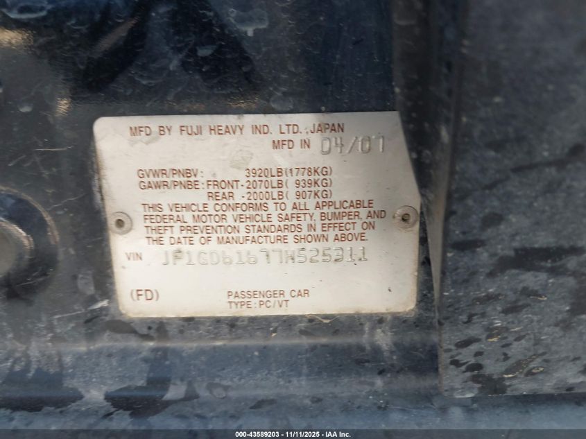 2007 Subaru Impreza 2.5I VIN: JF1GD61677H525311 Lot: 43589203