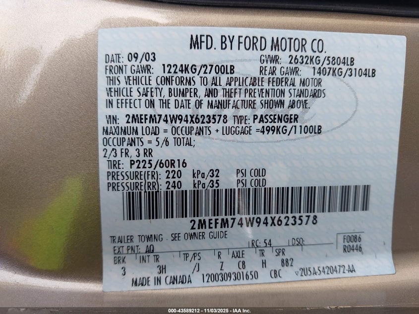 2004 Mercury Grand Marquis Gs VIN: 2MEFM74W94X623578 Lot: 43589212