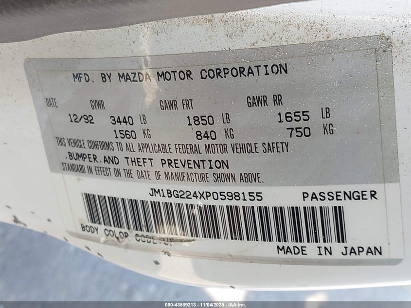 1993 Mazda Protege Dx VIN: JM1BG224XP0598155 Lot: 43589213
