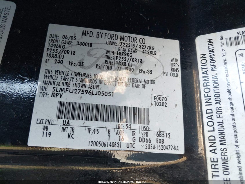 2006 Lincoln Navigator VIN: 5LMFU27596LJ05051 Lot: 43589221