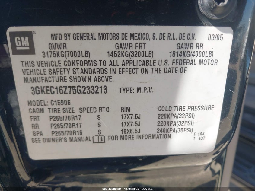 2005 GMC Yukon Xl 1500 Slt VIN: 3GKEC16Z75G233213 Lot: 43589231
