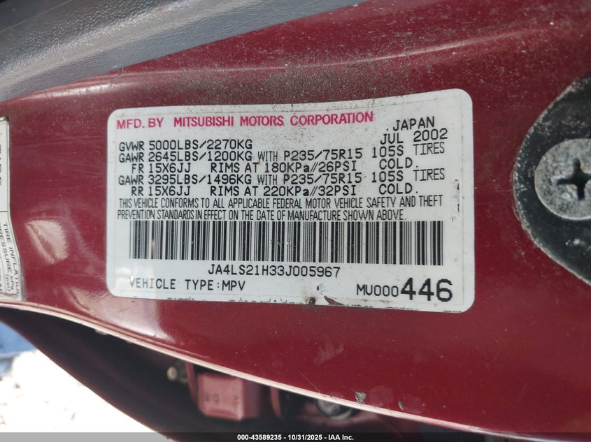 2003 Mitsubishi Montero Sport Es/Ls VIN: JA4LS21H33J005967 Lot: 43589235
