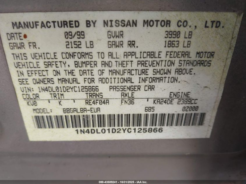 2000 Nissan Altima Gle/Gxe/Se/Xe VIN: 1N4DL01D2YC125866 Lot: 43589241
