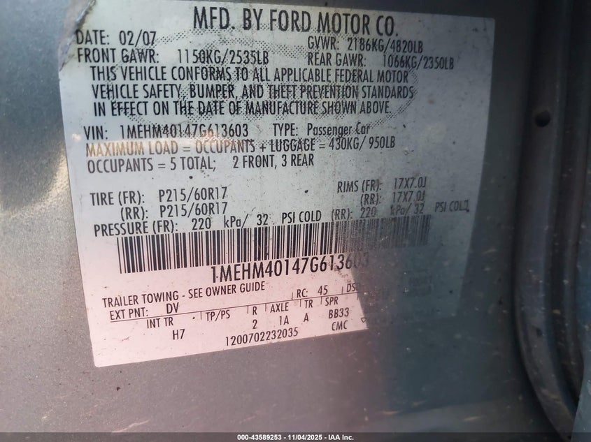 1MEHM40147G613603 2007 MERCURY MONTEGO photo no. 9