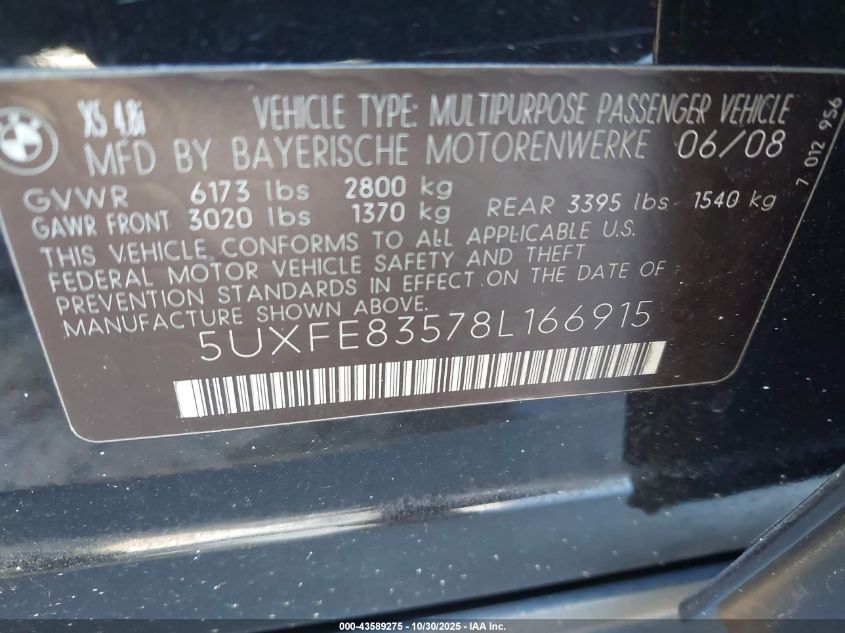 2008 BMW X5 4.8I VIN: 5UXFE83578L166915 Lot: 43589275