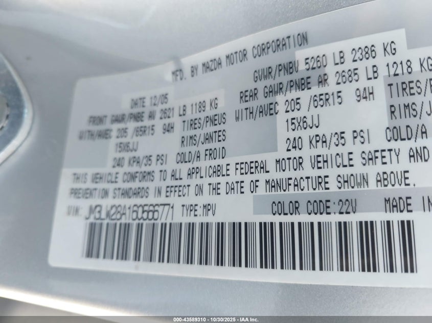 2006 Mazda Mpv Lx-Sv VIN: JM3LW28A160566771 Lot: 43589310