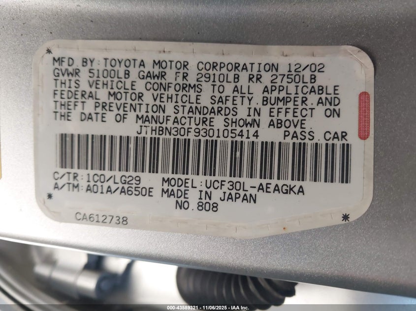 2003 Lexus Ls 430 VIN: JTHBN30F930105414 Lot: 43589321