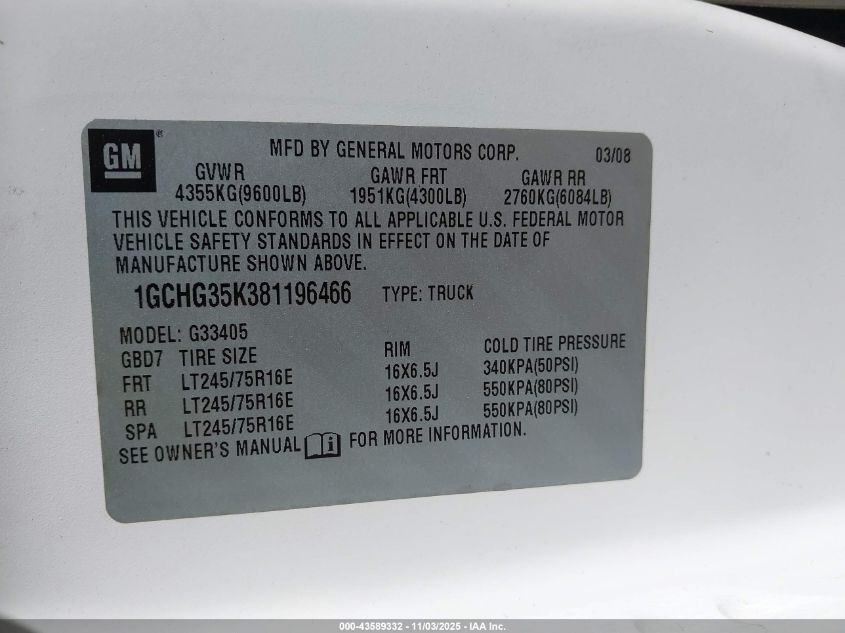 2008 Chevrolet Express Work Van VIN: 1GCHG35K381196466 Lot: 43589332