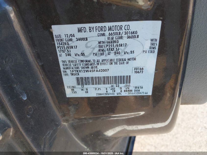 2005 Ford F-150 Stx/Xl/Xlt VIN: 1FTRX12W45FA42007 Lot: 43589334