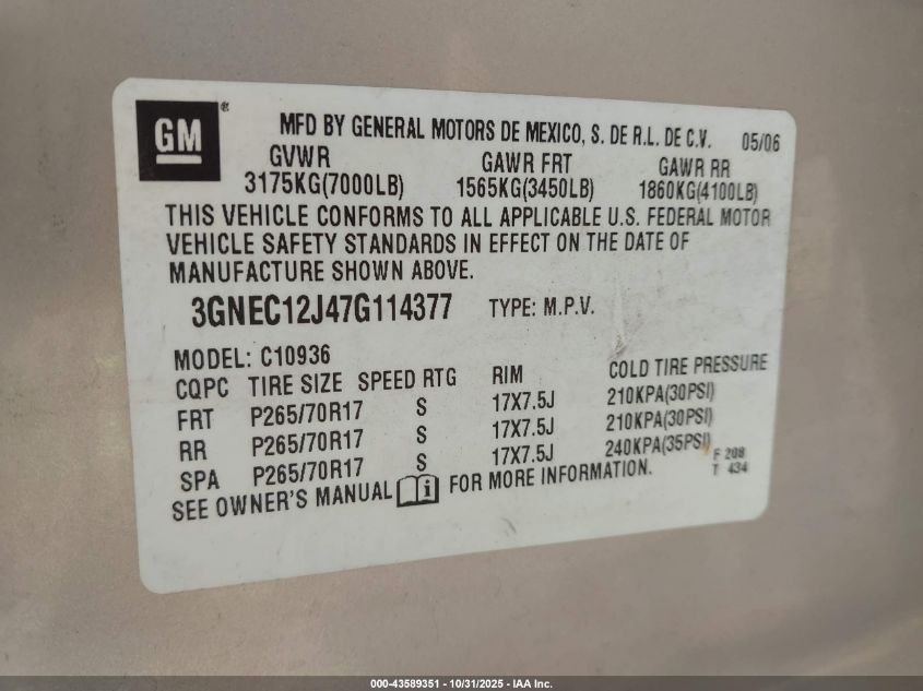 2007 Chevrolet Avalanche 1500 Lt VIN: 3GNEC12J47G114377 Lot: 43589351