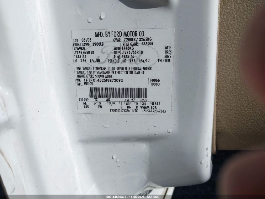 2005 Ford F-150 Fx4/Lariat/Xl/Xlt VIN: 1FTPX14525NB72093 Lot: 43589373