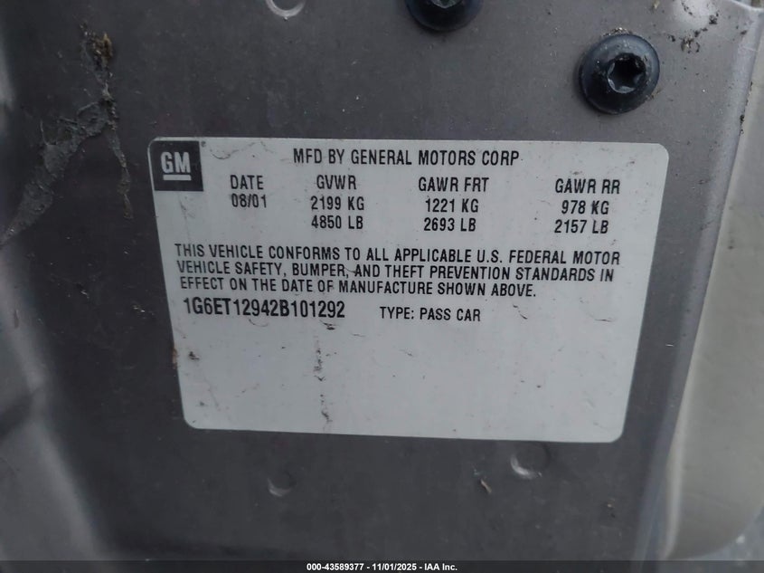 2002 Cadillac Eldorado Etc VIN: 1G6ET12942B101292 Lot: 43589377