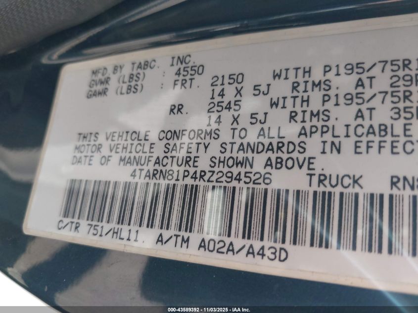1994 Toyota Pickup 1/2 Ton Short Whlbse Dx VIN: 4TARN81P4RZ294526 Lot: 43589392
