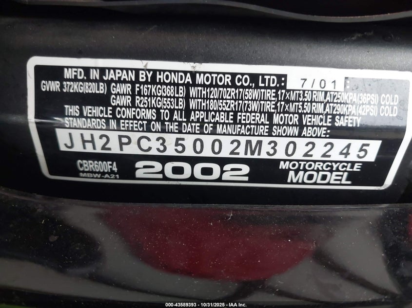 2002 Honda Cbr600 F4 VIN: JH2PC35002M302245 Lot: 43589393