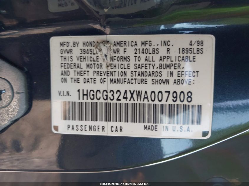 1998 Honda Accord Lx VIN: 1HGCG324XWA007908 Lot: 43589398