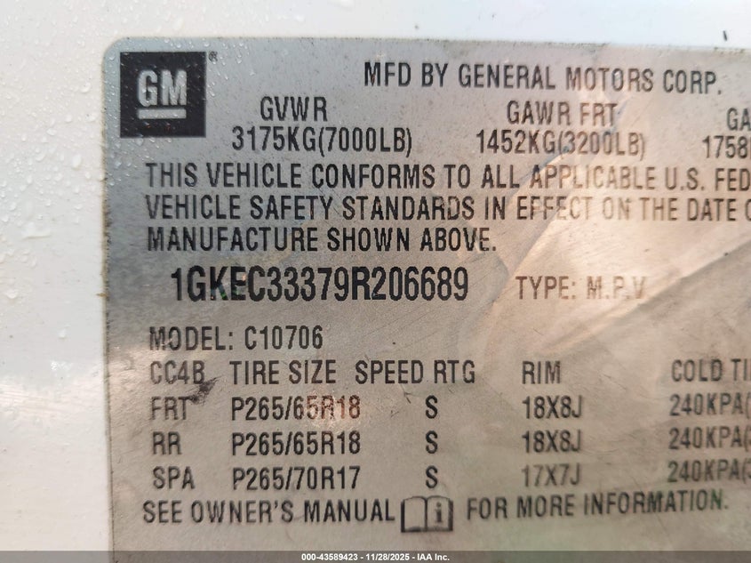 2009 GMC Yukon Slt W/4Sa VIN: 1GKEC33379R206689 Lot: 43589423