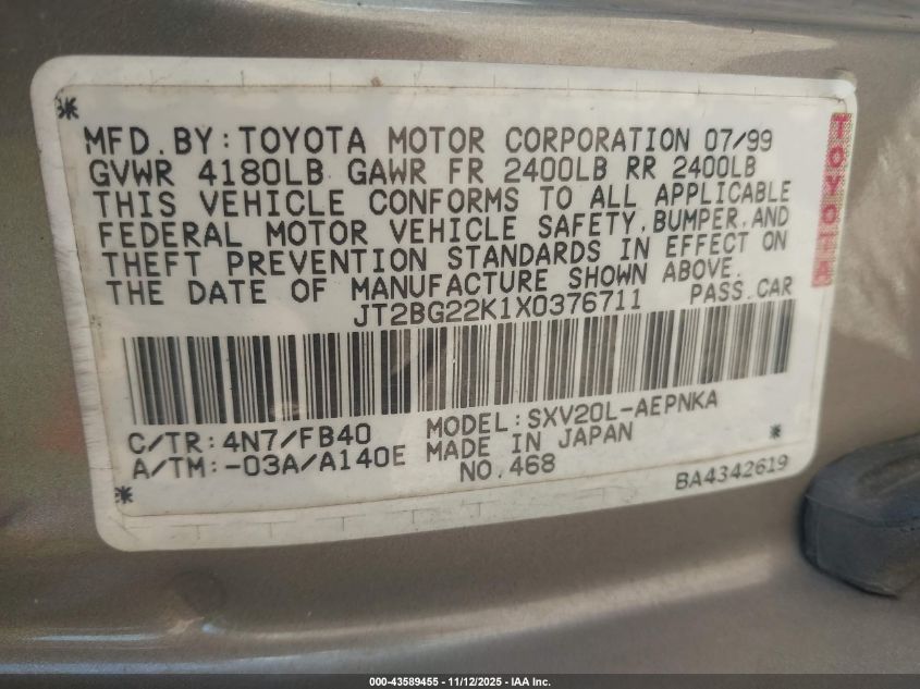 1999 Toyota Camry Le VIN: JT2BG22K1X0376711 Lot: 43589455