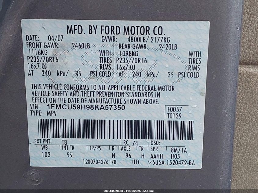 2008 Ford Escape Hybrid VIN: 1FMCU59H98KA57350 Lot: 43589458