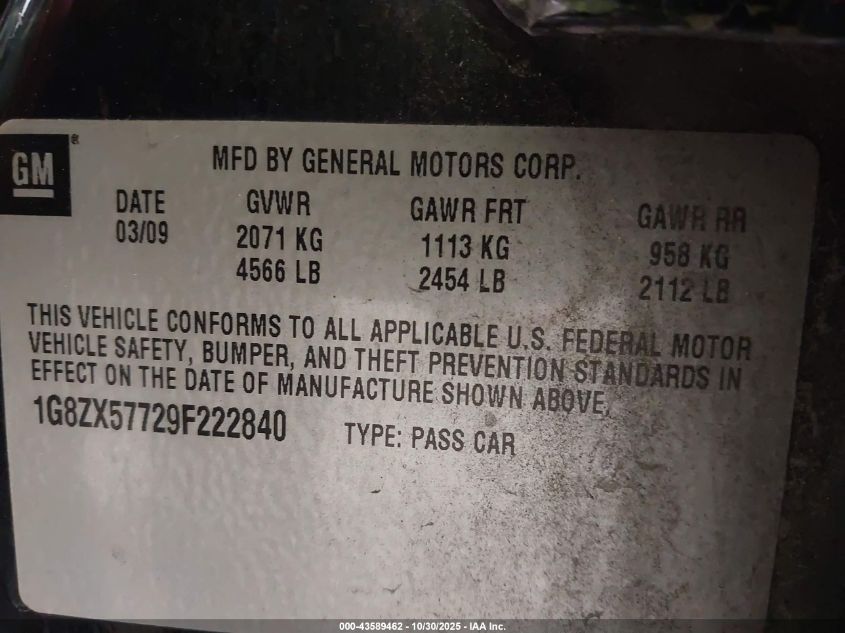 2009 Saturn Aura Xr VIN: 1G8ZX57729F222840 Lot: 43589462