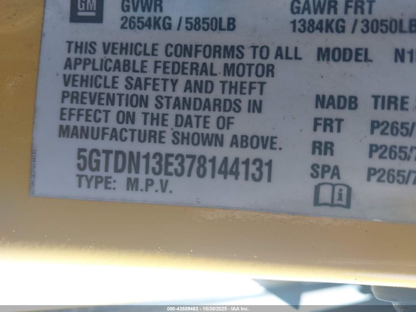 2007 Hummer H3 Suv VIN: 5GTDN13E378144131 Lot: 43589463