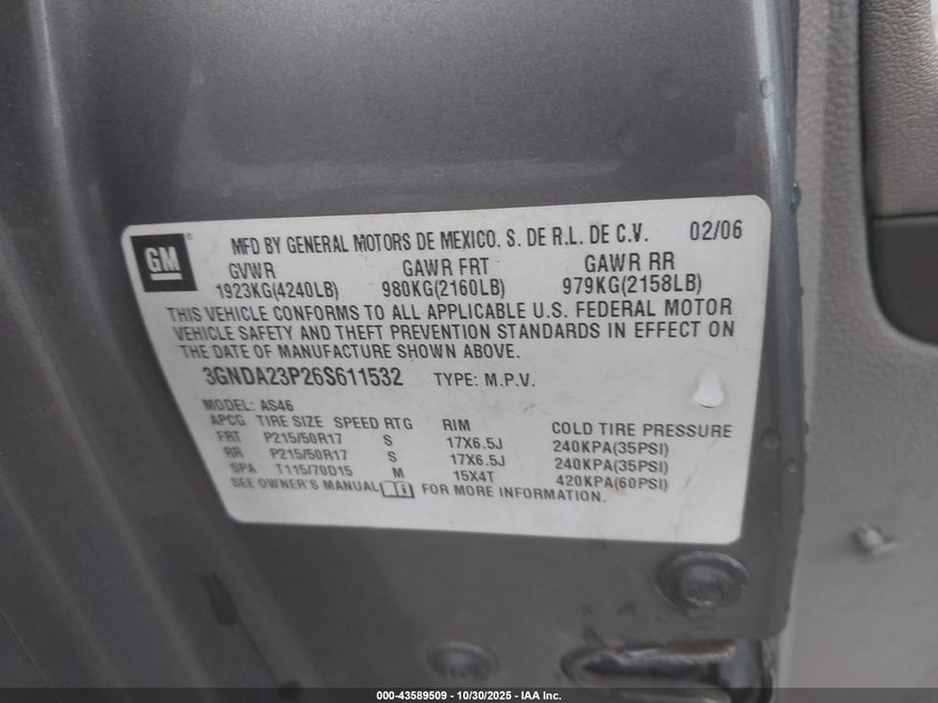 2006 Chevrolet Hhr Lt VIN: 3GNDA23P26S611532 Lot: 43589509