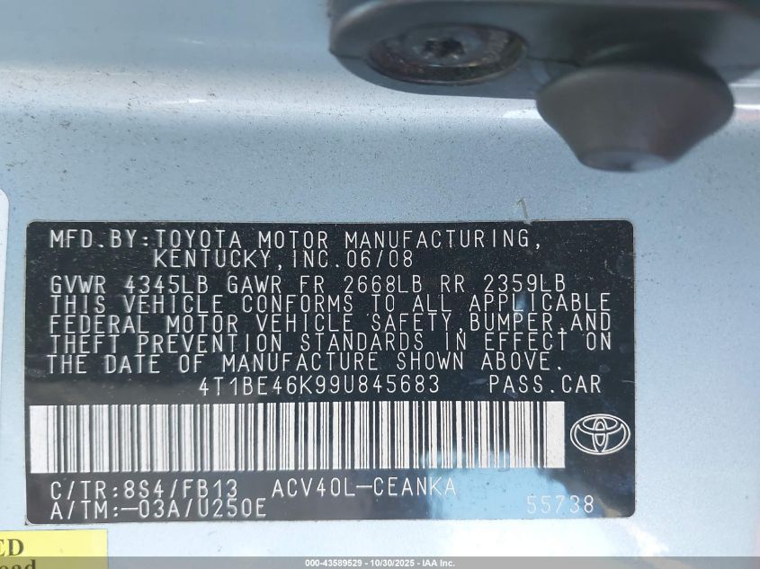 2009 Toyota Camry Le VIN: 4T1BE46K99U845683 Lot: 43589529