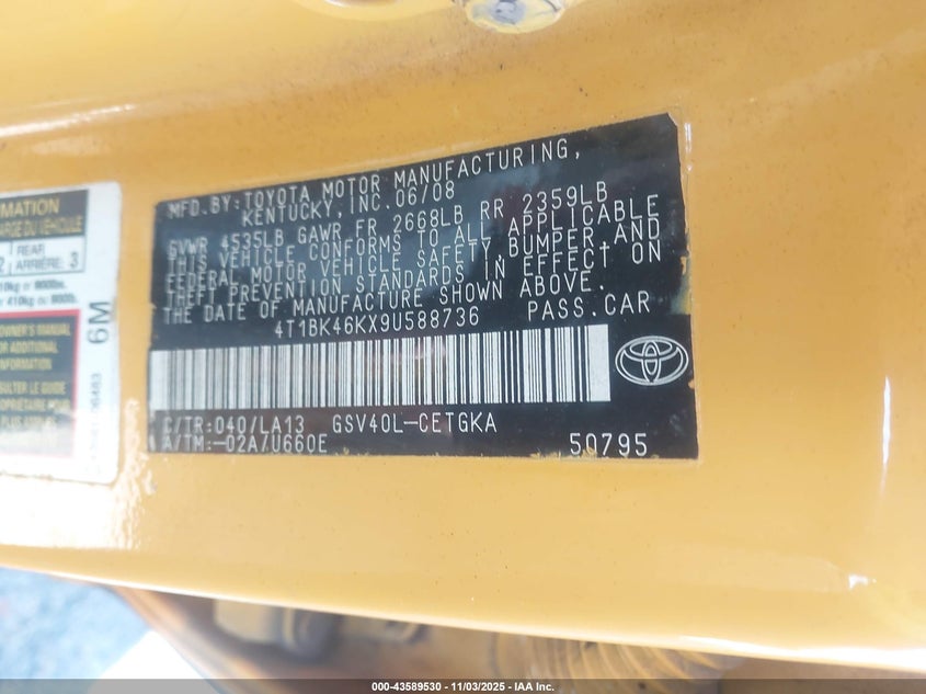 4T1BK46KX9U588736 2009 TOYOTA CAMRY photo no. 9
